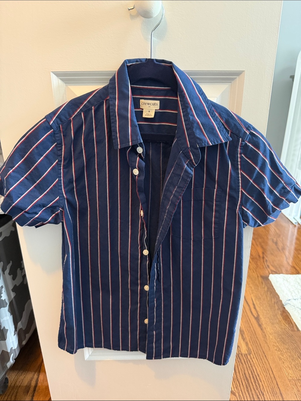 Crewcuts Navy Button-Up Shirt with Pink Stripes